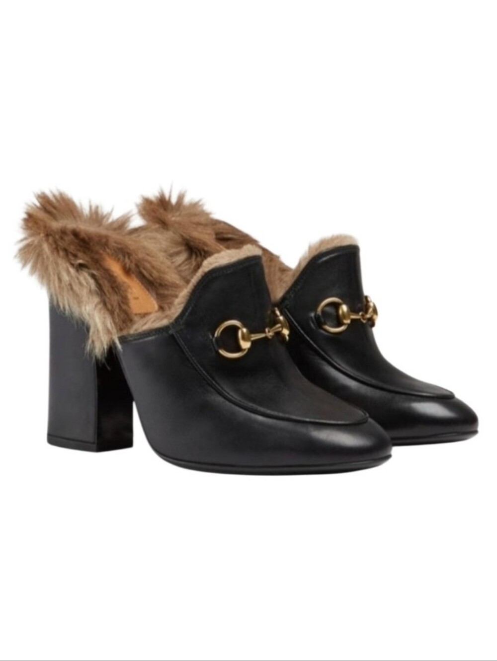 NWOB Gucci Princetown Fur Lined Leather Hihgt Heels Mule with Gold Bit